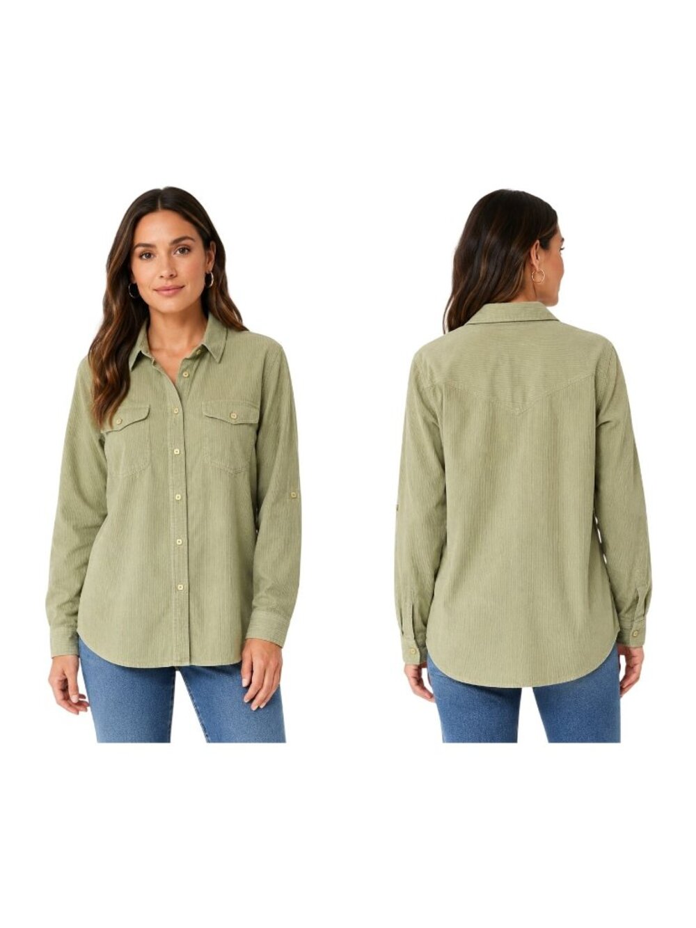 Karen Scott Size S Sage  Green Chambray Button-Down Shirt Long Sleeves